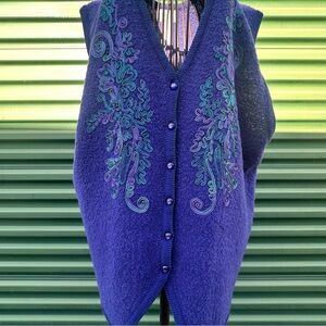 Koret Rich Purple Textured Sweater Vest Vintage Appliqué Beaded Soutache Sz L